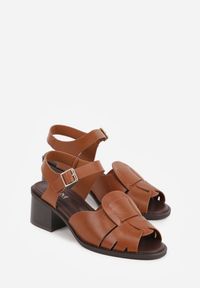 Renee - Brązowe Sandały na Słupku z Geometryczną Cholewką Aiganele. Zapięcie: sprzączka. Kolor: brązowy. Materiał: jeans. Wzór: geometria. Obcas: na słupku. Styl: klasyczny. Wysokość obcasa: średni #3