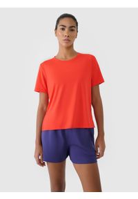 4f - 4F Koszulka treningowa oversize szybkoschnąca damska - czerwona S. Kolor: czerwony. Materiał: poliester, elastan, materiał, włókno, dzianina. Długość rękawa: krótki rękaw. Długość: krótkie. Wzór: ze splotem, gładki, jednolity. Sport: fitness #1