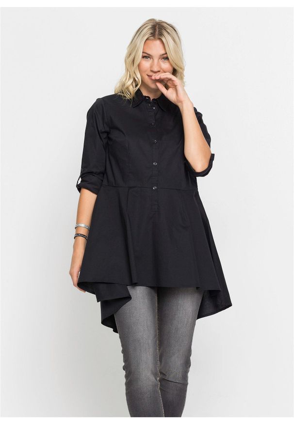 bonprix - Długa bluzka z falbaną. Typ kołnierza: kołnierzyk koszulowy. Kolor: czarny. Długość: długie