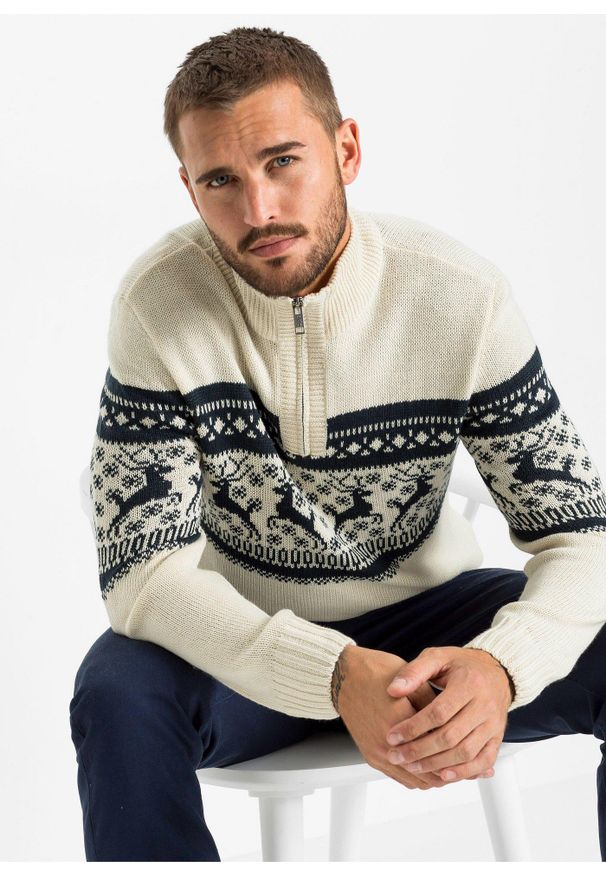 bonprix - Sweter ze stójką w norweski wzór. Typ kołnierza: kołnierzyk stójkowy. Kolor: beżowy