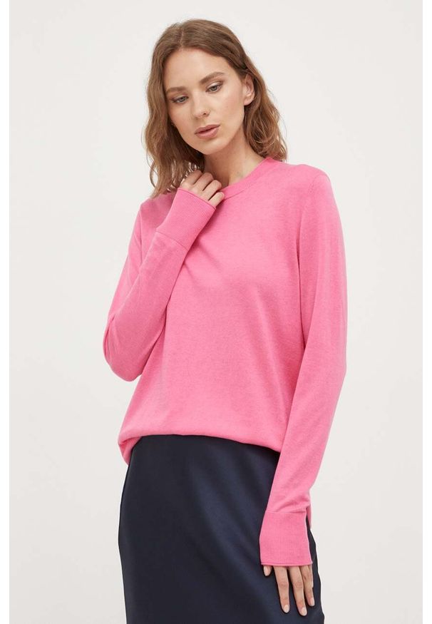 BOSS sweter damski kolor różowy lekki. Kolor: różowy. Materiał: dzianina. Długość rękawa: długi rękaw. Długość: długie. Styl: klasyczny