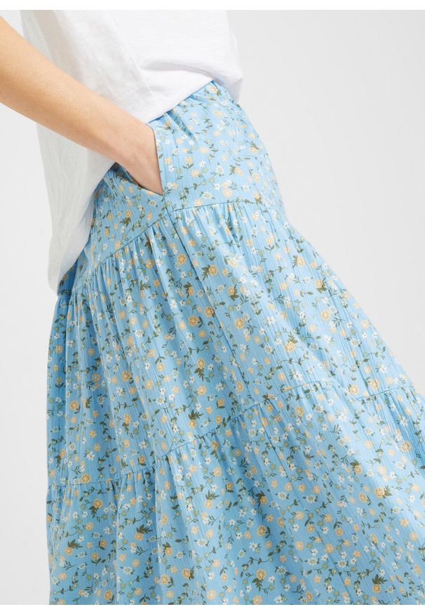 bonprix - Spódnica maxi z falban. Kolor: niebieski. Materiał: bawełna