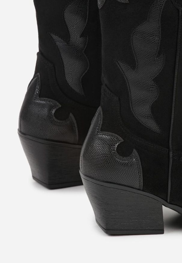 Renee - Czarne Kozaki Kowbojki na Stożku z Tłoczoną Cholewką Avrenne. Kolor: czarny. Materiał: jeans. Szerokość cholewki: normalna. Obcas: na stożku. Styl: elegancki. Wysokość obcasa: średni