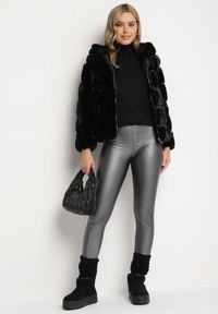 Born2be - Ciemnoszare Legginsy z Ekoskóry z Wysokim Stanem i Wsuwanymi Kieszeniami Rievalia. Stan: podwyższony. Kolor: szary. Materiał: skóra. Sezon: zima #2