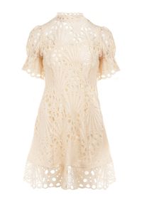Born2be - Beżowa Sukienka Adoneus. Typ kołnierza: kołnierz z falbankami. Kolor: beżowy. Materiał: koronka. Wzór: koronka. Styl: klasyczny. Długość: midi #2