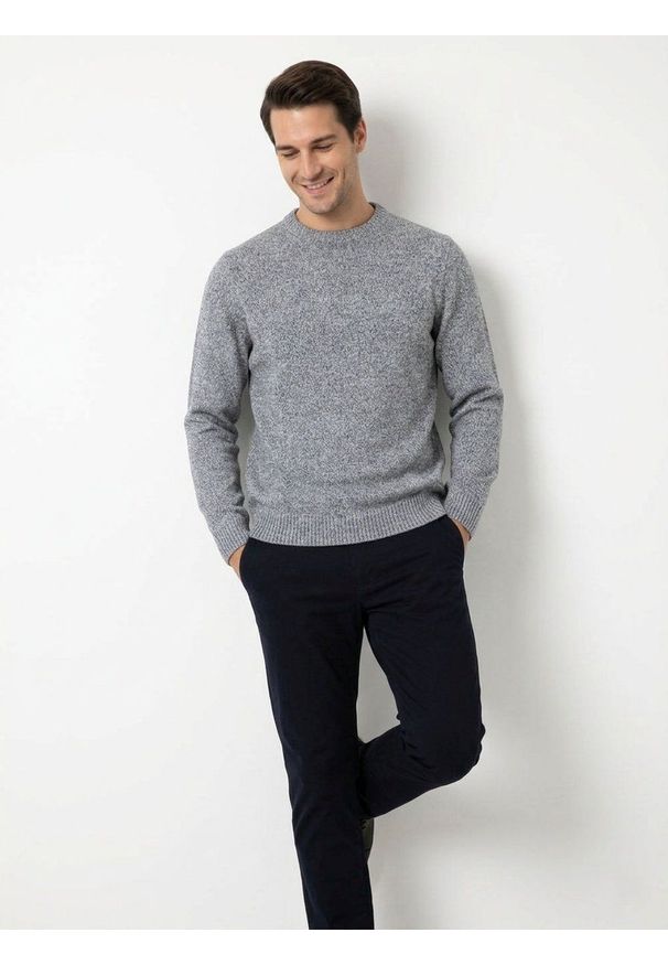 Bawełniany Sweter z Okrągłym Dekoltem - Adriano Guinari - Popielaty Melanż. Okazja: do pracy, na co dzień, na spotkanie biznesowe. Kolor: szary. Materiał: bawełna. Wzór: melanż. Styl: elegancki, biznesowy, klasyczny, casual