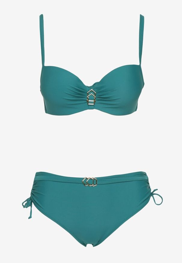 Born2be - Ciemnozielone Bikini Biustonosz i Majtki Figi Ozdobione Metalicznymi Aplikacjami Kinionela. Kolor: zielony. Wzór: aplikacja