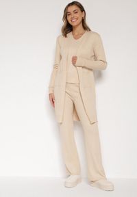 Born2be - Jasnobeżowy Komplet Dzianinowy z Bawełną Spodnie Kamizelka i Długi Kardigan Meviravia. Kolor: beżowy. Materiał: bawełna, dzianina #7