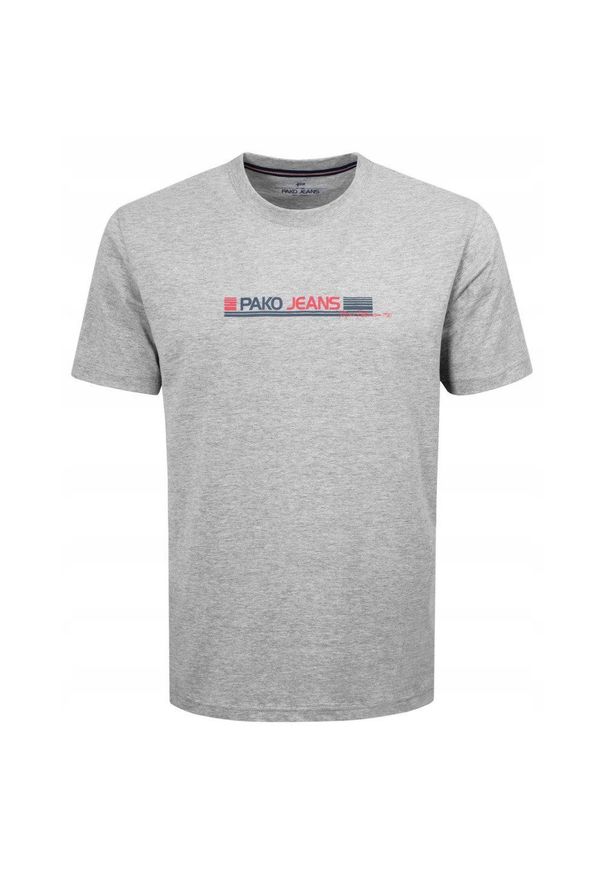 Koszulka Męska (T-Shirt) - Pako Jeans - U-Neck - Popielata. Okazja: na co dzień. Kolor: szary. Materiał: bawełna. Wzór: nadruk. Styl: casual