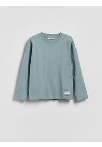 Reserved - Bawełniany longsleeve z nadrukiem - ciemny turkus. Materiał: bawełna. Długość rękawa: długi rękaw. Wzór: nadruk #1