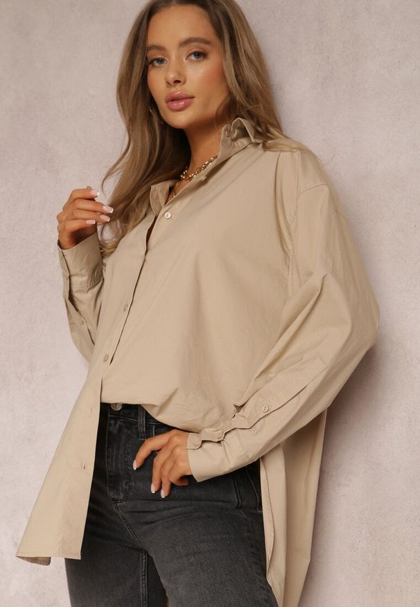 Renee - Beżowa Koszula Bawełniana Aquida. Kolor: beżowy. Materiał: bawełna. Długość rękawa: długi rękaw. Długość: długie