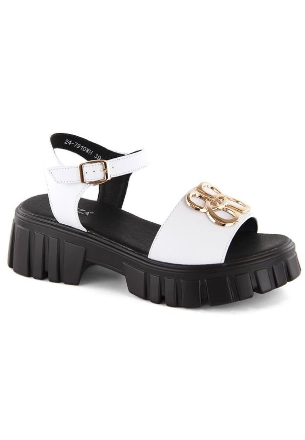 Skórzane sandały damskie na obcasie i platformie białe Vinceza 7910. Kolor: biały. Materiał: skóra. Obcas: na obcasie. Wysokość obcasa: średni
