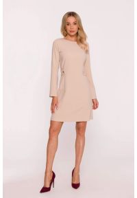 Stylove - Elegancka sukienka trapezowa z patkami w talii beżowa. Okazja: na co dzień, na imprezę. Typ kołnierza: typu klepsydra. Kolor: beżowy, niebieski, brązowy. Wzór: aplikacja, gładki. Typ sukienki: trapezowe. Materiał: poliester, wiskoza, tkanina. Długość rękawa: długi rękaw. Styl: elegancki. Długość: mini #3