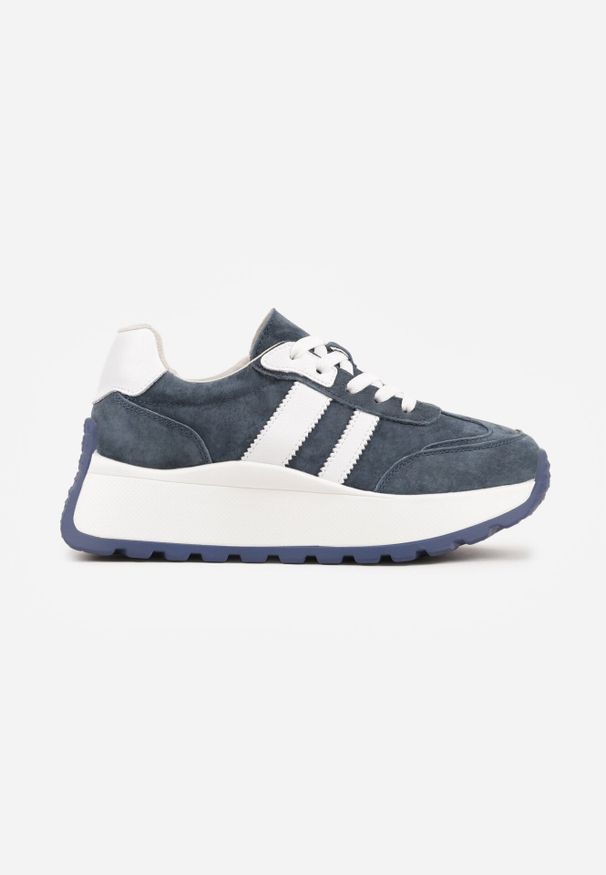 Born2be - Granatowe Skórzane Sneakersy na Grubej Podeszwie Cezelina. Okazja: na co dzień. Kolor: niebieski. Materiał: skóra
