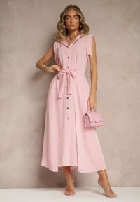 Renee - Różowa Sukienka z Paskiem Koszulowa o Rozkloszowanym Fasonie Mavoselle. Okazja: na co dzień. Kolor: różowy. Materiał: jeans. Typ sukienki: koszulowe. Styl: casual, elegancki