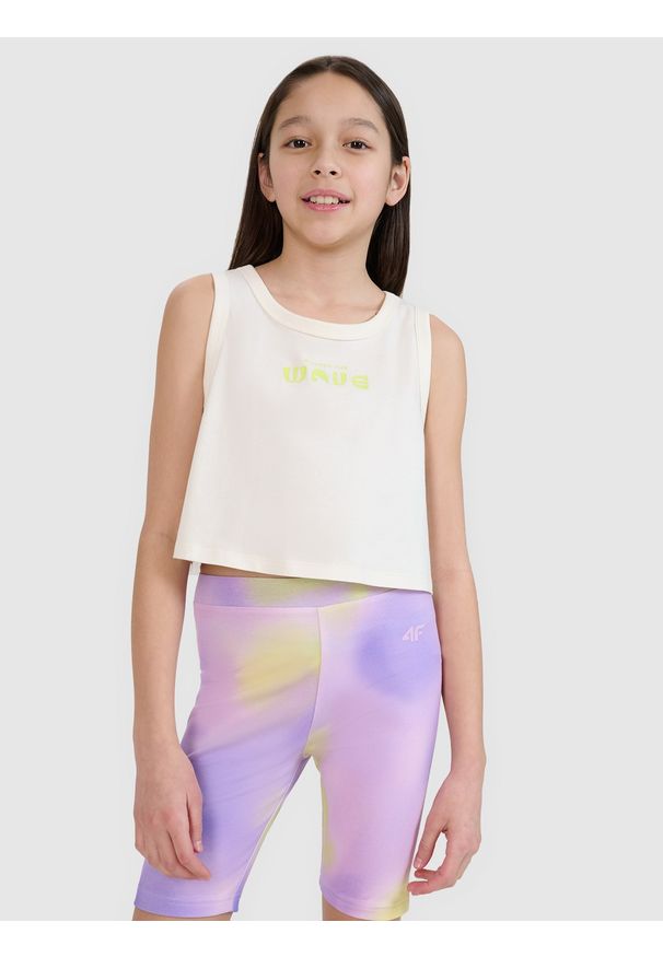 4f - 4F Crop top oversize z nadrukiem dziewczęcy - biały 122 (6-7 lat). Okazja: na co dzień. Kolor: biały. Materiał: jersey, bawełna, materiał. Długość rękawa: na ramiączkach. Wzór: nadruk. Sezon: lato. Styl: casual, klasyczny, sportowy