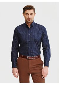 Pako Lorente - PAKO LORENTE – Granatowa koszula męska mikrowzór. Kolor: niebieski. Materiał: bawełna, elastan. Długość rękawa: długi rękaw. Długość: długie. Sezon: wiosna, lato #1