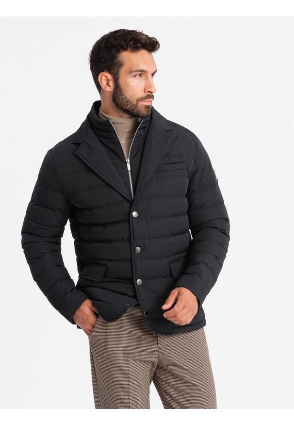 Ombre Clothing - Męska pikowana kurtka o kroju marynarki – czarna V3 - Rozmiar: XL. Kolor: czarny. Materiał: poliester, syntetyk, guma, materiał. Wzór: aplikacja. Styl: klasyczny, elegancki