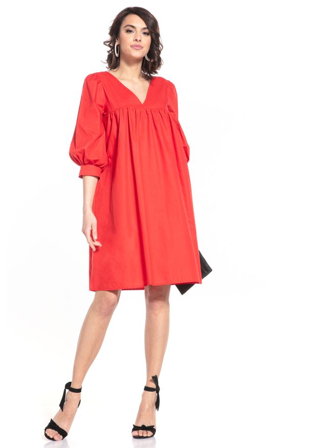 Tessita - Midi Sukienka z Bufiastym Rękawem - Czerwona. Kolor: czerwony. Materiał: bawełna. Długość: midi