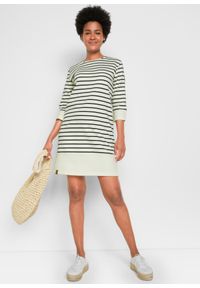 bonprix - Sukienka dresowa z rękawami 3/4. Kolor: biały. Materiał: dresówka. Wzór: paski