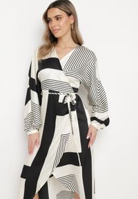 Born2be - Beżowo-Czarna Sukienka Kopertowa Kimono z Geometrycznym Wzorem i Wiązanym Paskiem Klerossa. Kolor: beżowy. Materiał: materiał. Długość rękawa: długi rękaw. Wzór: geometria. Typ sukienki: kopertowe #3