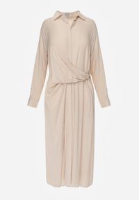 Born2be - Beżowa Wiskozowa Sukienka Koszulowa z Marszczeniem i Guzikiem w Talii Lennatha. Okazja: na co dzień. Kolor: beżowy. Materiał: wiskoza. Typ sukienki: koszulowe. Styl: casual, elegancki, klasyczny #7