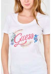 Guess - GUESS Damski biały t-shirt ze zdobionym logo, Rozmiar S. Kolor: biały. Materiał: bawełna. Wzór: aplikacja #4