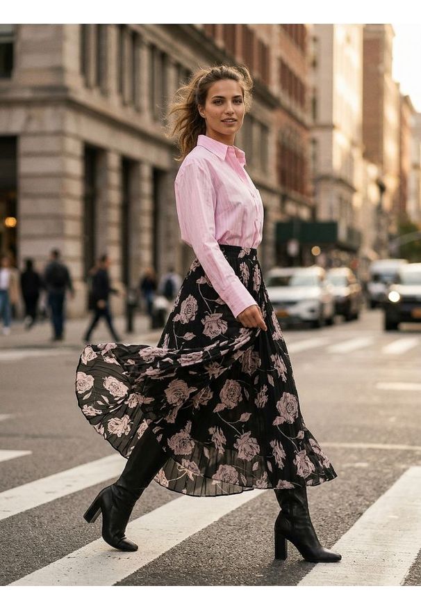 Sinsay - Plisowana spódnica midi ze wzorkiem - czarny. Kolor: czarny