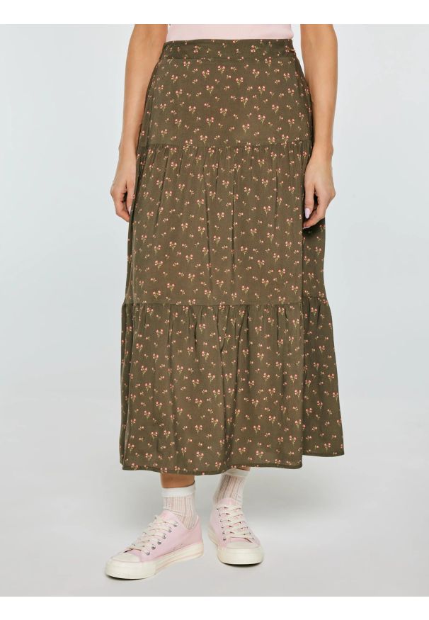 Big-Star - Spódnica damska midi z wiskozy z motywem kwiatowym khaki Vendi 303. Okazja: do pracy. Kolor: zielony. Materiał: wiskoza. Wzór: kwiaty. Styl: elegancki