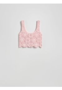 Reserved - Ażurowy top na ramiączkach - pastelowy róż. Kolor: różowy. Materiał: dzianina. Długość rękawa: na ramiączkach. Długość: krótkie. Wzór: ażurowy #1