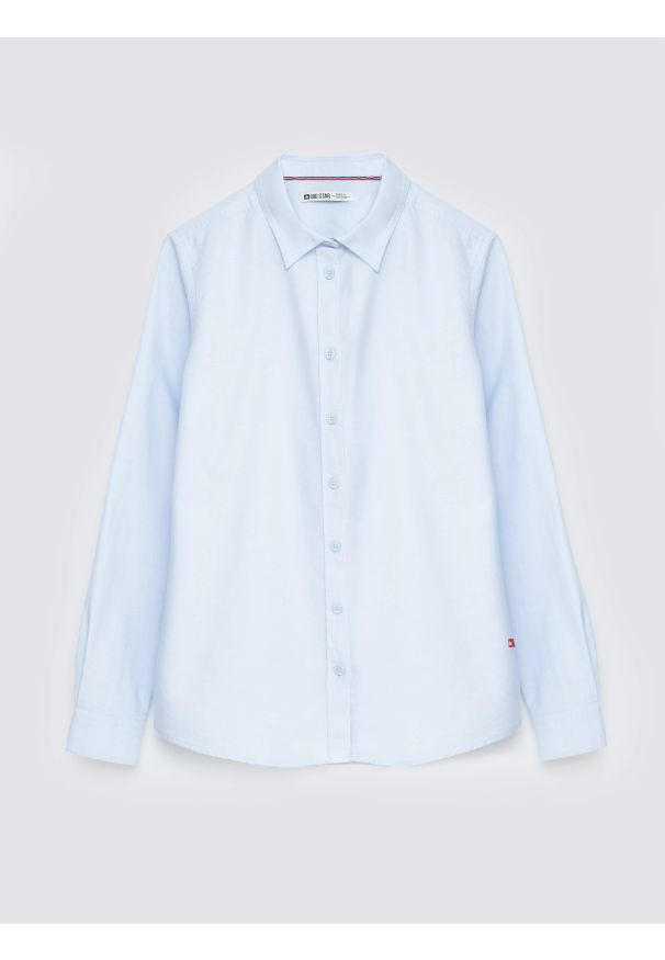 Big-Star - Koszula damska klasyczna błękitna Hansai 400. Okazja: do pracy, na spotkanie biznesowe. Kolor: niebieski. Materiał: skóra, materiał, bawełna, tkanina. Długość rękawa: długi rękaw. Długość: długie. Wzór: ze splotem. Styl: klasyczny