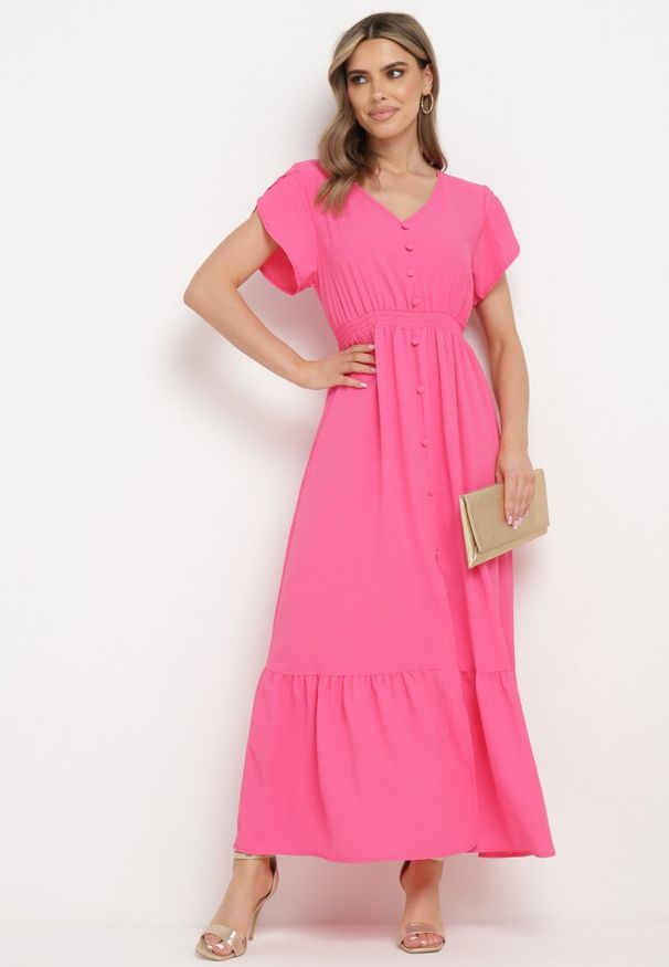 Born2be - Fuksjowa Sukienka z Cienkimi Gumkami w Pasie Ozdobiona Guzikami z Rozcięciem i Falbanką Farcia. Okazja: na co dzień. Kolor: różowy. Długość rękawa: krótki rękaw. Wzór: aplikacja. Typ sukienki: proste. Styl: casual, elegancki