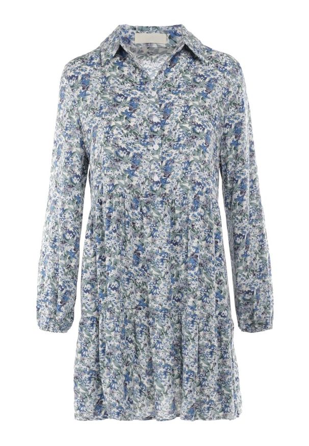 Born2be - Biało-Niebieska Sukienka Caeathe. Kolor: niebieski. Wzór: aplikacja, kwiaty. Typ sukienki: koszulowe. Styl: klasyczny. Długość: mini