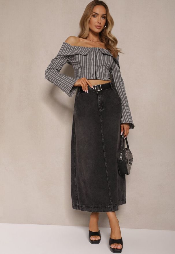 Renee - Czarna Jeansowa Spódnica Maxi o Rozkloszowanym Kroju z Paskiem Teviva. Kolor: czarny. Materiał: jeans. Sezon: wiosna, lato