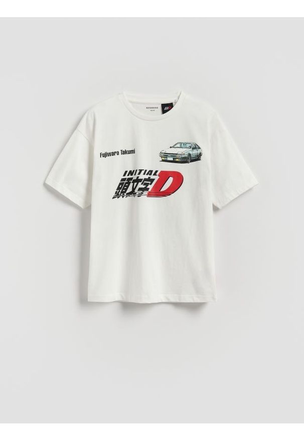 Reserved - Bawełniany t-shirt Initial D - biały. Kolor: biały. Materiał: bawełna