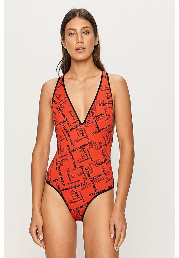 Karl Lagerfeld - Strój kąpielowy. Kolor: czerwony. Materiał: materiał, dzianina, poliamid, elastan. Rodzaj stanika: odpinane ramiączka