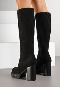 Born2be - Czarne Kozaki z Imitacji Zamszu na Słupkowym Obcasie Falirelle. Okazja: na co dzień. Kolor: czarny. Materiał: zamsz. Obcas: na obcasie. Styl: casual, elegancki. Wysokość obcasa: średni #3