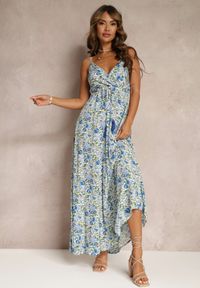 Renee - Niebieska Sukienka Auxeris. Kolor: niebieski. Materiał: wiskoza. Długość rękawa: na ramiączkach. Wzór: nadruk, kwiaty, kolorowy. Typ sukienki: kopertowe #1