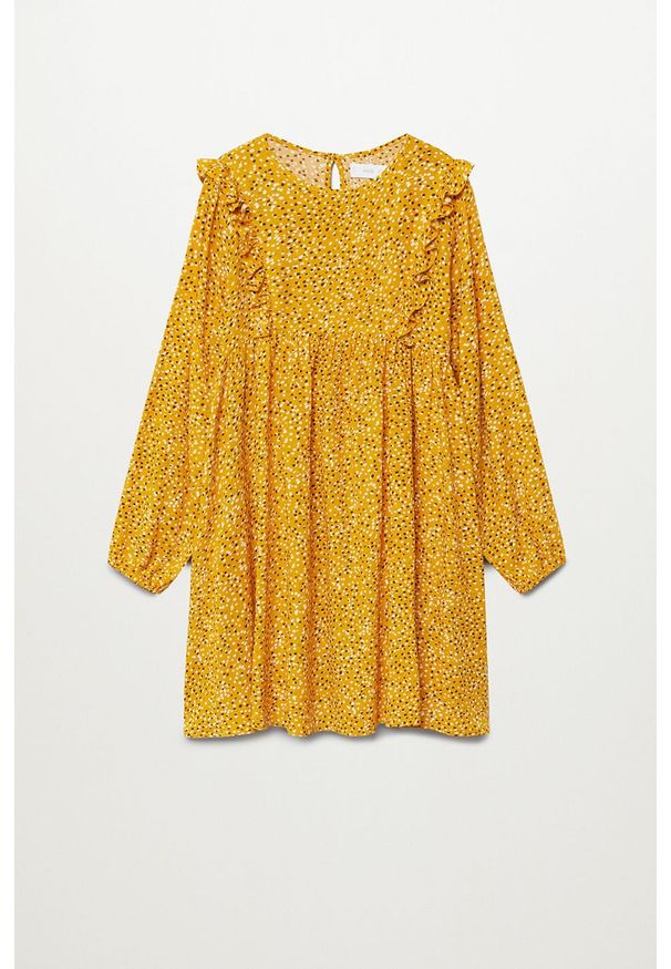 Mango Kids - Sukienka dziecięca Dots 110-164 cm. Kolor: żółty. Materiał: tkanina, wiskoza. Długość rękawa: długi rękaw. Wzór: grochy. Typ sukienki: oversize. Długość: mini