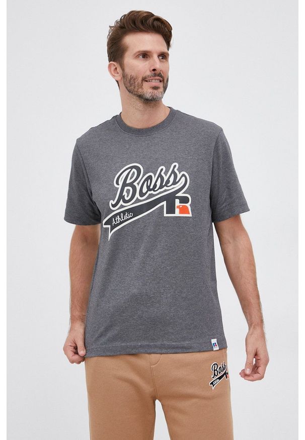BOSS - Boss - T-shirt bawełniany Boss x Russell Athletic. Kolor: szary. Materiał: bawełna. Wzór: nadruk