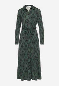 Born2be - Zielona Koszulowa Sukienka z Wiskozą w Ornamentalny Wzór z Wiązanym Paskiem Evathria. Okazja: na co dzień. Kolor: zielony. Materiał: wiskoza. Typ sukienki: koszulowe. Styl: casual, elegancki, klasyczny #3