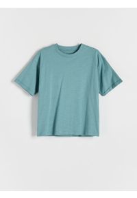 Reserved - T-shirt oversize z nadrukiem - morski. Kolor: morski. Materiał: dzianina, bawełna. Wzór: nadruk