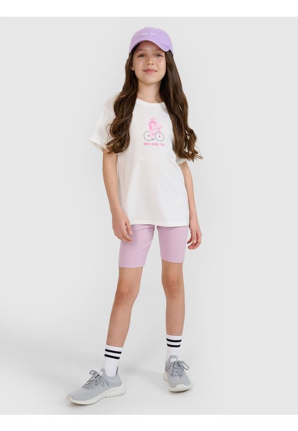 4f - 4F Legginsy kolarki z prążkowanej dzianiny dziewczęce - fioletowe 146 (10-11 lat). Okazja: na co dzień. Stan: podwyższony. Kolor: fioletowy. Materiał: prążkowany, dzianina. Długość: krótkie. Sezon: lato. Styl: casual, sportowy