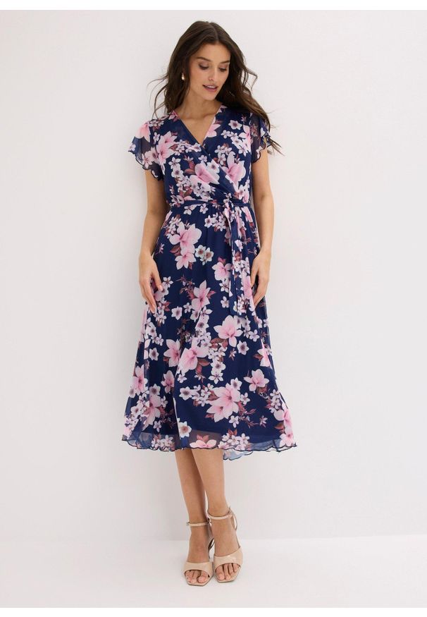 bonprix - Sukienka midi z siatkowego materiału z nadrukiem. Kolor: niebieski. Materiał: materiał. Wzór: nadruk. Długość: midi