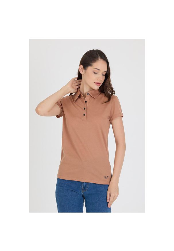 WOOLONA - Koszulka Polo Damska 100% Merino Woolona. Typ kołnierza: polo. Kolor: brązowy
