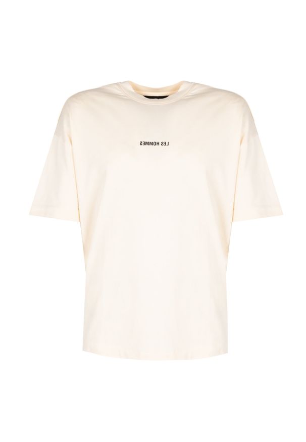 Les Hommes T-Shirt "Happy Pictures Oversize" | LBT1015700P | Mężczyzna | Beżowy. Okazja: na co dzień. Kolor: beżowy. Materiał: bawełna. Wzór: nadruk. Styl: klasyczny, casual, elegancki