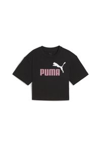 Puma - Młodzieżowa krótka koszulka Essentials 2 Colour z logo PUMA No. 1 PUMA. Kolor: czarny, różowy, wielokolorowy. Materiał: guma, prążkowany. Długość: krótkie. Wzór: nadruk. Sport: joga i pilates
