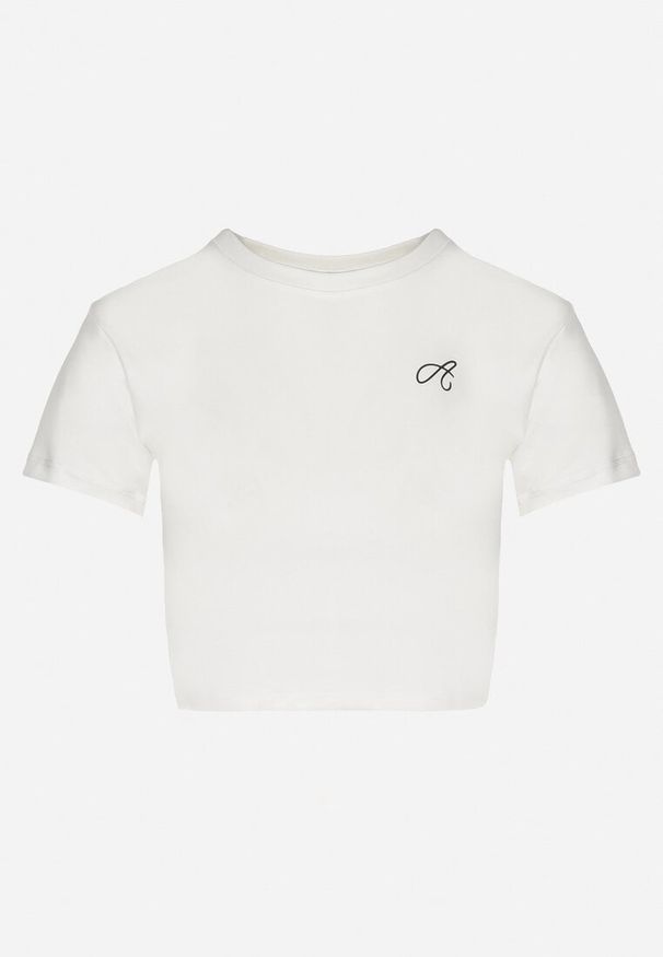 Born2be - Biały T-shirt Crop Top Ozdobiony Literką Koliviela. Okazja: na co dzień. Kolor: biały. Materiał: jeans. Długość: krótkie. Wzór: aplikacja. Styl: elegancki, casual
