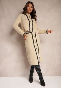 Renee - Beżowy Wiskozowy Komplet Retro z Dzianiny o Długom Włosiu Kardigan i Spódnica Sailine. Kolor: beżowy. Materiał: dzianina, wiskoza. Wzór: aplikacja #2