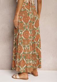 Renee - Zielono-Pomarańczowe Spodnie z Wiskozy z Szerokimi Nogawkami High Waist Wykończone Gumką w Talii Risettasmi. Stan: podwyższony. Kolor: zielony. Materiał: wiskoza. Sezon: lato